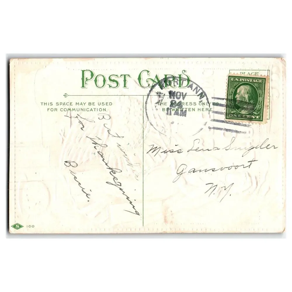 Vintage 1909 Embossed Thanksgiving Postcard Pilgrim Woman Turkey Harvest